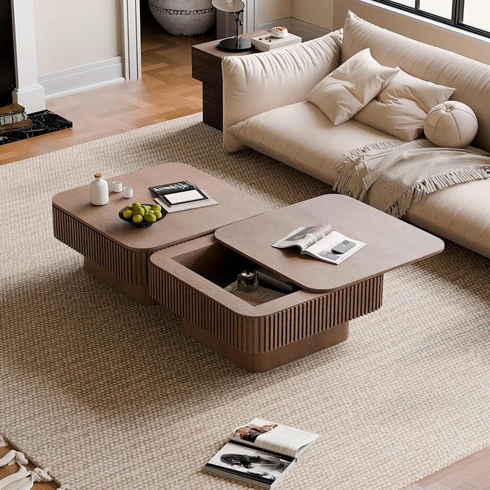 31.5 Inch Square Drum Coffee Table with Storage, Modern Handcraft Fluted Drum Coffee Table, Wooden Square Center Table Cocktail Tea Table with Sturdy Pedestal for Living Room Apartment (Walnut)