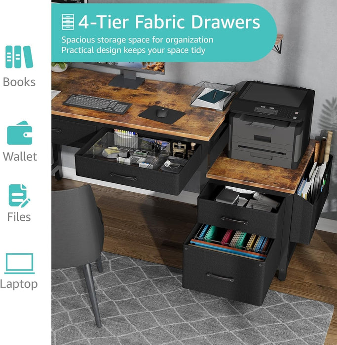 Computer Desk with Fabric File Drawers Cabinet, 57 Inch Home Office Desks with Filing Cabinet Printer Stand for Small Space, Study Writing Table PC Gaming Desks for Bedroom, Brown Black