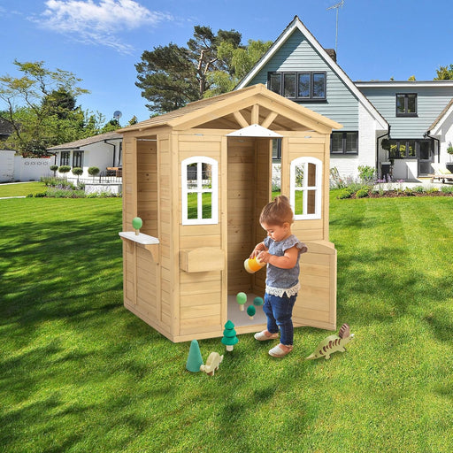 Outdoor Playhouse for Kids, Wooden Outdoor Playhouse with 2 Flowerpot Holder and 2 Windows, Cottage Playhouse for 3-10 Age Boy or Girl, Backyard, Lawn, Garden