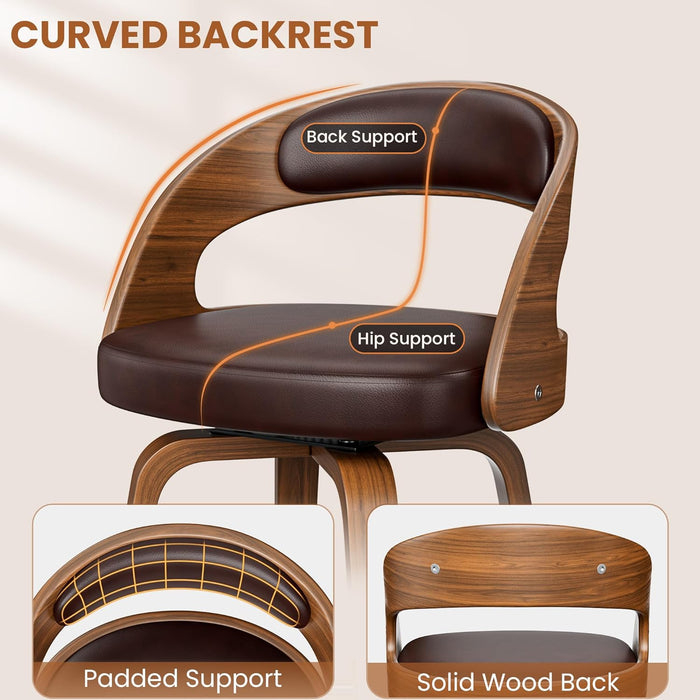 Bar Stools Set of 2, 26" Counter Height Barstools with Bentwood Legs, Swivel Counter Stools with Back, Mid Century Modern Faux Leather Upholstered Barstools for Kitchen Island, Brown