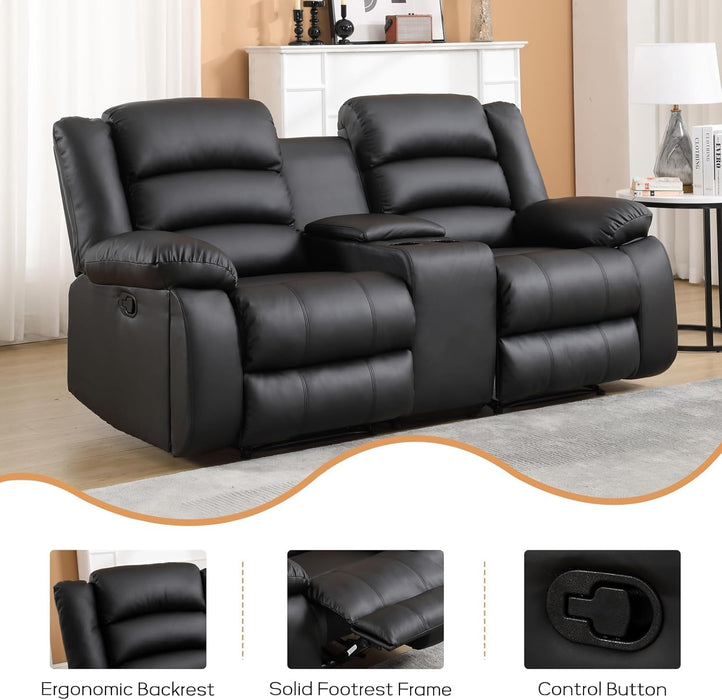 Faux Leather Manual Recliner Sofa Set, Loveseat Reclining Sofa and 3 Seat Recliner Sofa, Couch Set for Living Room, Bedroom, Meeting Room, Black(Loveseat+Sofa)