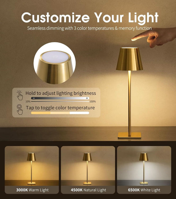 3 Pack Cordless Table Lamp, Battery Operated Lamp - Portable Waterproof Rechargeable Table Lamp W/ 3 Color Temps & Stepless Dimming for Dinner, Desk, Cafe, Outdoor (Brushed Gold)
