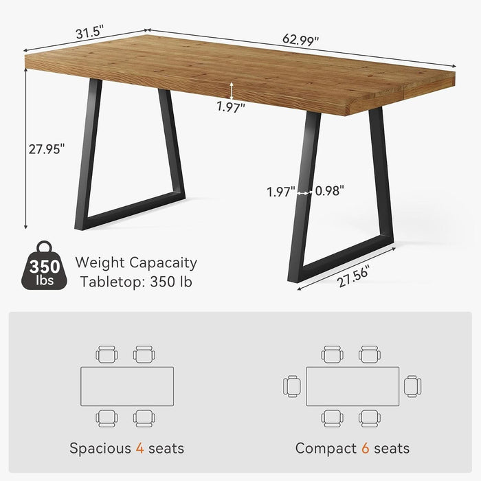 Industrial Dining Table for 4-6 People, 63 Inches Solid Wood Rectangular Kitchen Table with Heavy-Duty Metal Legs for Home, Dining Room, Small Space, Rustic Brown