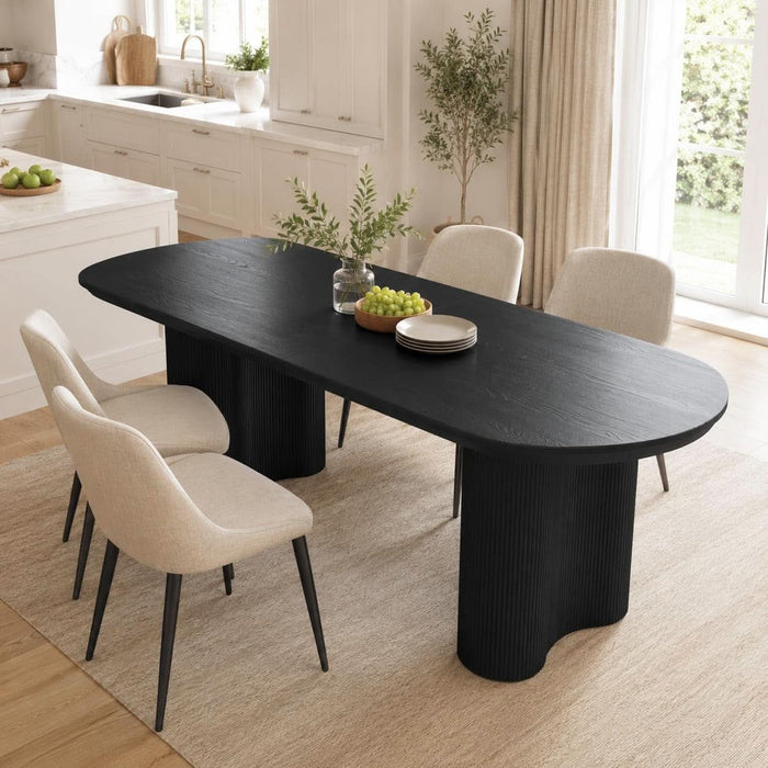 63-Inch Black Oval Dining Table for 4-6 People, Modern Kitchen Table with Thick Engineered Wood Top, Fluted Double Pedestal Base, Rounded Edges, Table Only