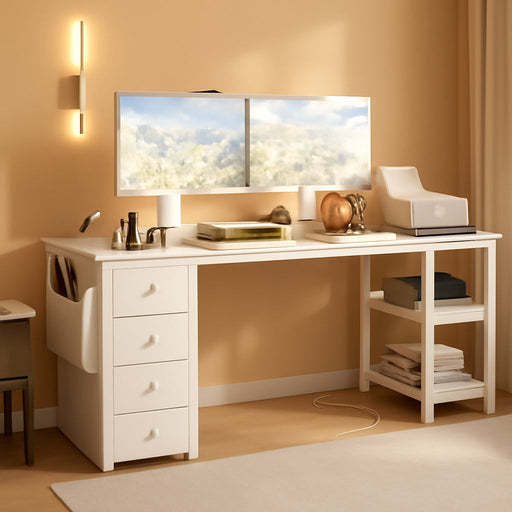 White L Shaped Desk with Drawers & Storage Shelves, 55 Inch Corner Computer Desk with Power Outlet for Home Office Bedroom, L-Shaped Teen PC Desks with Fabric Drawer, White