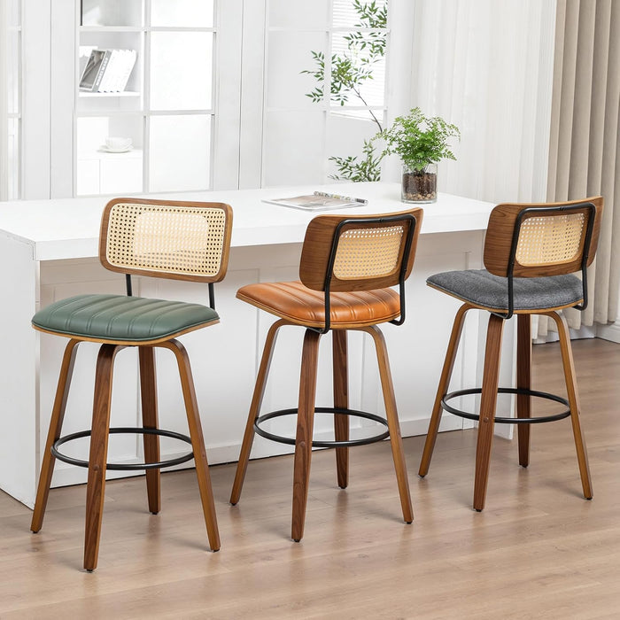 Swivel Bar Height Stools, Mid Century Modern Bar Stools with Curved Back | Solid Bentwood Frame, Walnut Finish, Cane Back, PU Leather Upholstered Seat, Kitchen Barstools for Bar, Cafe, Pub, Restaurant