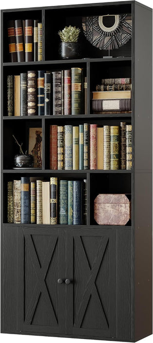 4-Tier Bookcase with Doors, Tall Storage Bookshelf, Black