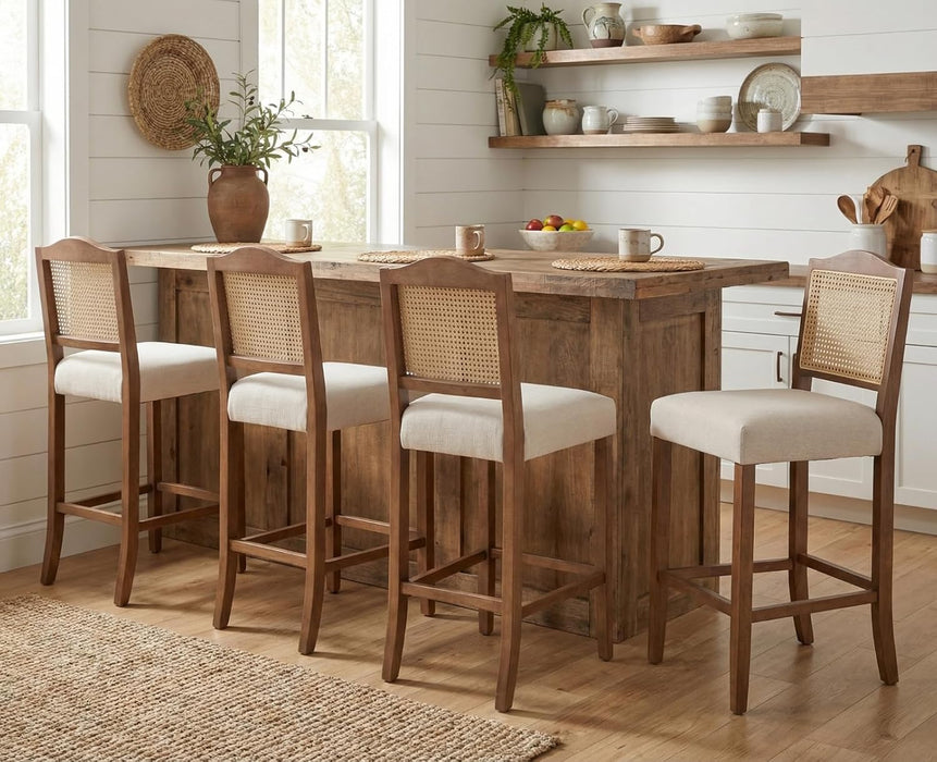 30 Inch Counter Height Stools Set of 2 Rattan Farmhouse Barstools Mid Century Modern Bar Chairs Upholstered Kitchen Bar Stools with Wood Legs for Island/Dining Room, Linen Beige