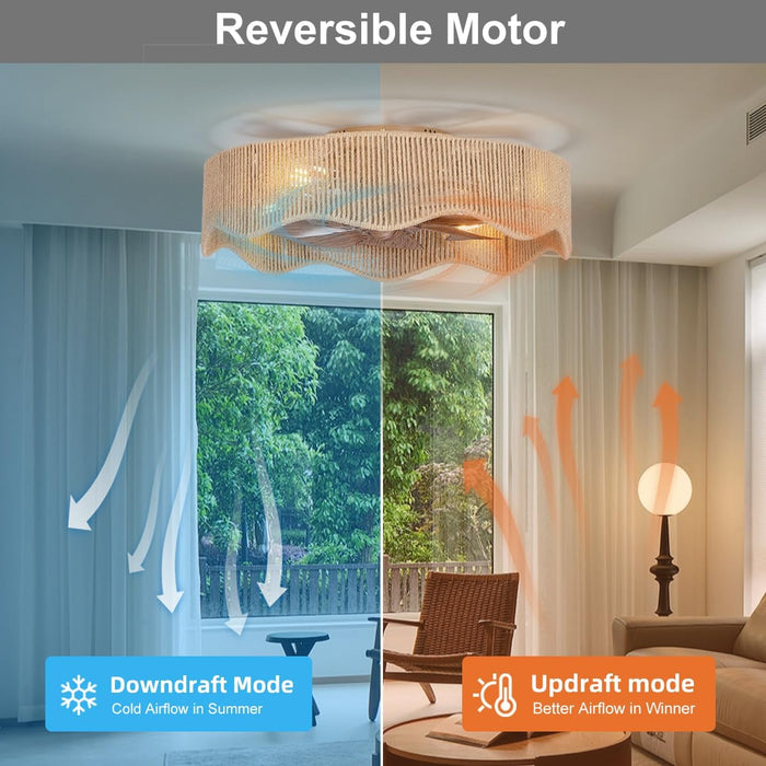 22" Boho Flush Mount Caged Ceiling Fans with Lights, Rustic Rattan Low Profile Ceiling Fans with Lights and Remote, Bladeless Fandelier Ceiling Fan with Light for Kitchen, Bedroom - ETL
