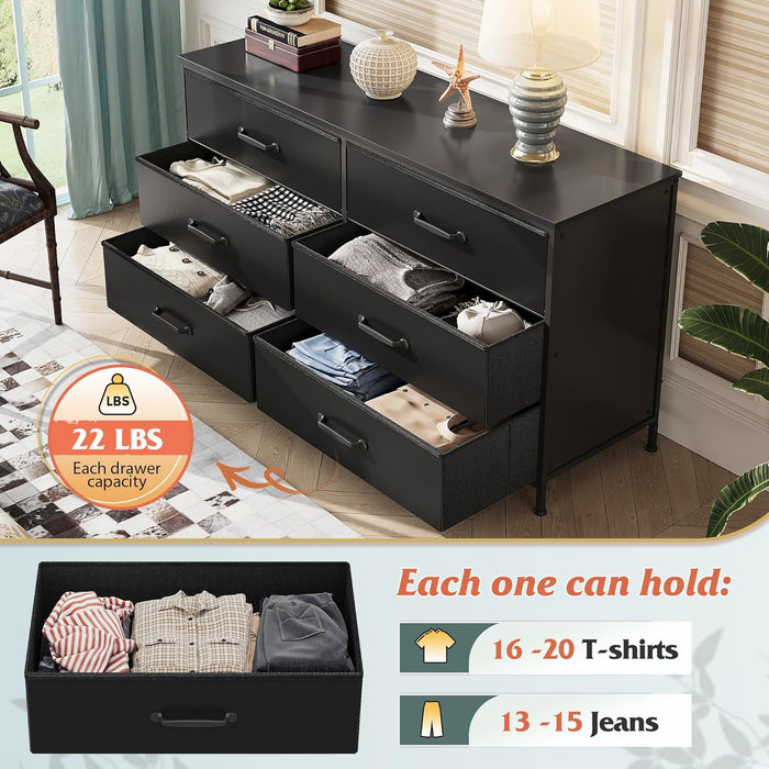 Wide Fabric Dresser, 6 Drawer Dresser TV Stand for 60" TV, Dressers Bedroom Furniture Large Storage Tower Unit with Fabric Bins, Black Dresser for Bedroom, Closet, Hallway, Black