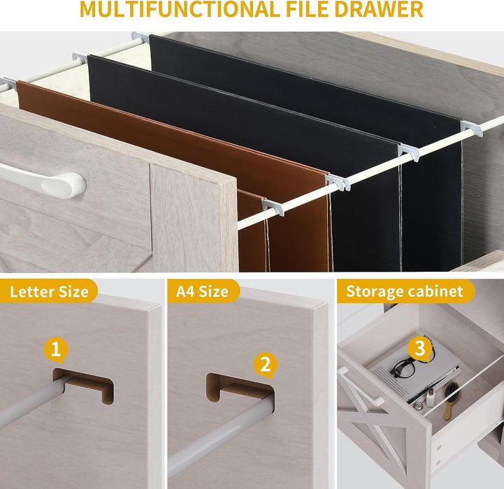 L Shaped Desk with File Drawer, 60" Corner Computer Desk with Power Outlets, Home Office Desk with Monitor Stand & Storage Shelves & File Cabinet, Grey Wash