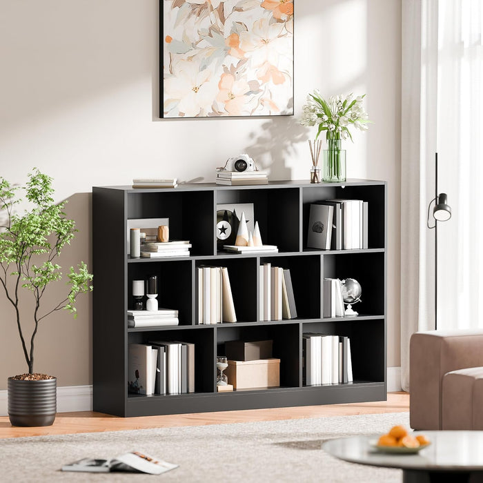 Black Bookshelf, 3-Tier Open Shelf Bookcase, 10 Cube Storage Organizer with Anti-Tilt Device, Freestanding Horizontal Bookshelf Cube Shelf for Bedroom, Living Room, Office