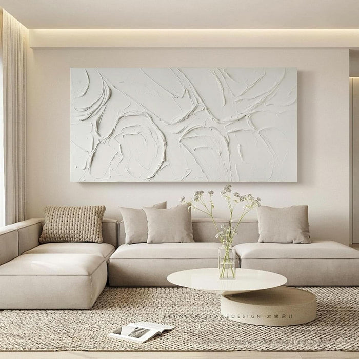 Abstract Textured Wall Art Hand Painted White Canvas Modern Oil Painting 58X29 Contemporary Minimalist Large Artwork Horizontal/Vertical Wall Decor