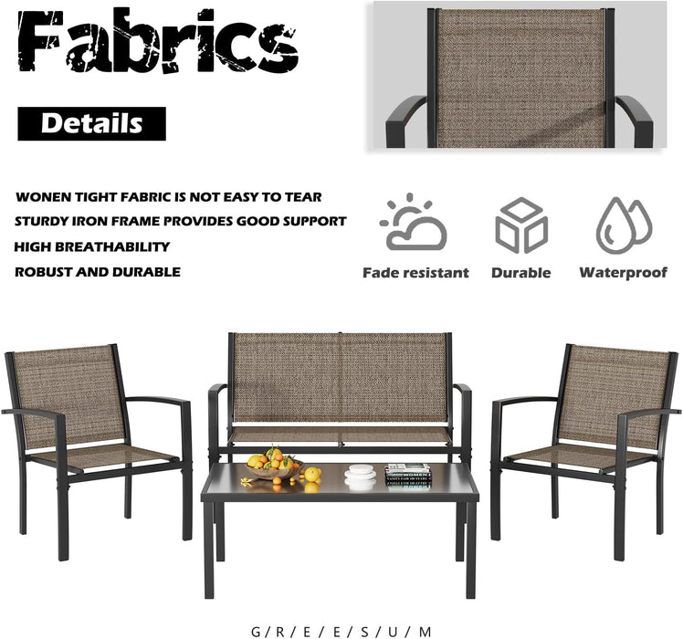 4 Pieces Patio Furniture Set, Outdoor Conversation Sets for Patio, Lawn, Garden, Poolside with a Glass Coffee Table, Brown