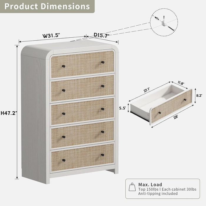 5 Drawer Tall Dresser for Bedroom, 47'' Rattan Dresser with Ample Storage, Boho Chest of Drawers, Thickened Curved Profile Design, Oak Dressers for Bedroom, Living Room