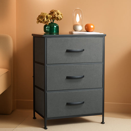 Dresser with 3 Drawers, Fabric Nightstand, Organizer Unit, Storage Dresser for Bedroom, Hallway, Entryway, Closets, Sturdy Steel Frame, Wood Top, Easy Pull Handle, Dark Grey