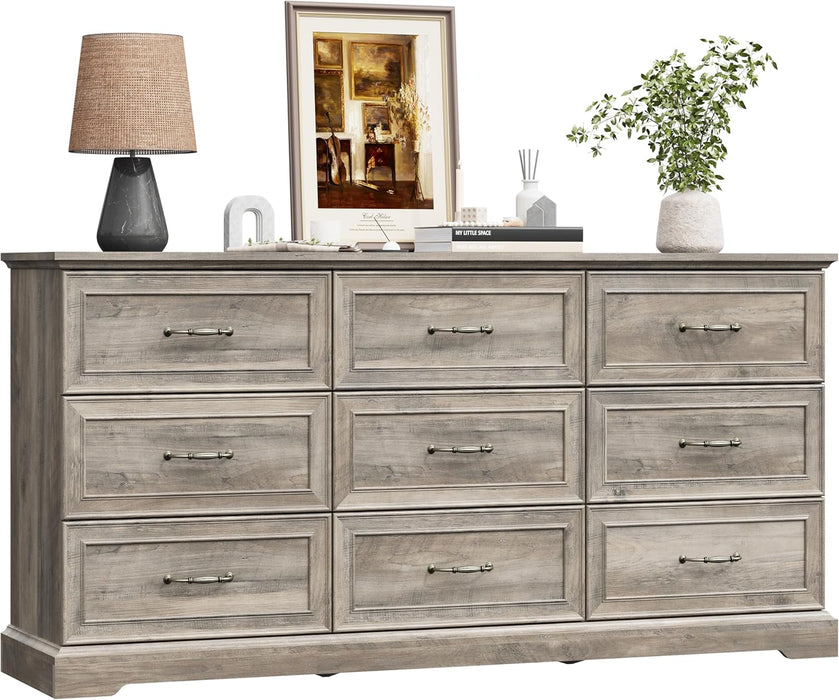 9 Drawer Dresser for Bedroom, 63" Wide Wooden Chest of Drawers, Rustic Farmhouse Dresser with Large Drawers & Metal Handles, Modern Storage Organizer for Closet, Living Room, Hallway, Grey