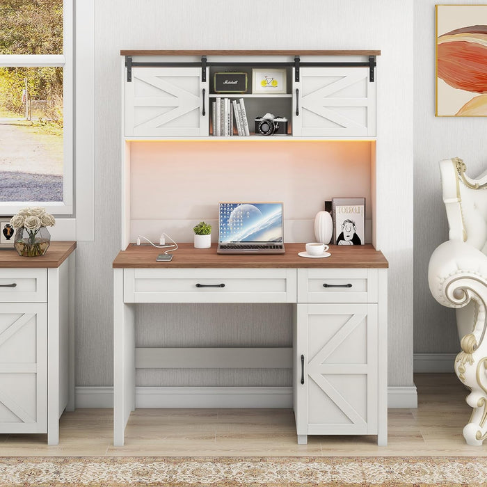 Farmhouse 47" Executive Desk, Computer Desk with 2 Drawers, LED Light and Storage Cabinet, Home Office Desk with Hutch, Charging Hub, Workstation for Home Office and Study,Unique White.