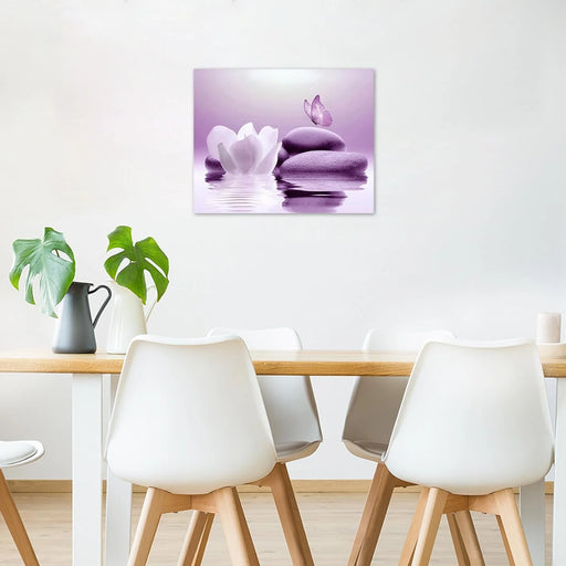 Zen Stone Canvas Wall Art Water Lily and Purple Butterfly on the Lake Wall Art for Bathroom Living Room Bedroom Spiritual Yoga Spa Picture Wall Decor Framed Bedroom Wall Art,16X12 Inches