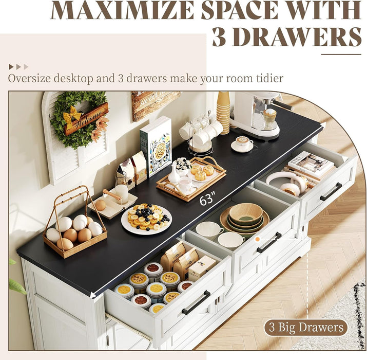 63" Farmhouse Buffet Sideboard Cabinet with 3 Drawers & Adjustable Shelves, White Coffee Bar Wine Bar Storage Cabinet for Kitchen, Living Room