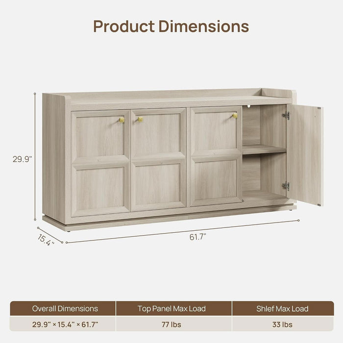 61.7" 4-Door Buffet Sideboard Cabinet Living Room, Grey White Oak