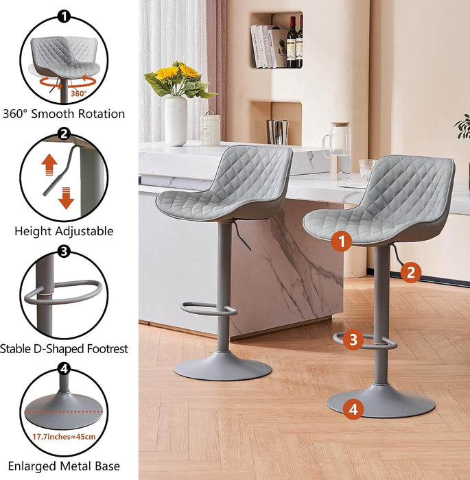 All Grey Bar Stools Set of 2, Upholstered Counter Height Bar Stool, Adjustable Swivel Faux Leather Barstools, with Padded Back, Metal Base, Kitchen Chairs for Home Island