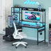 48 Inch Gaming Desk with Hutch & 3 Fabric Drawers, Computer Desk with USB Ports & LED Lights, Reversible Pc Gamer Table with Monitor Stand for Home Office, Carbon Fiber Black