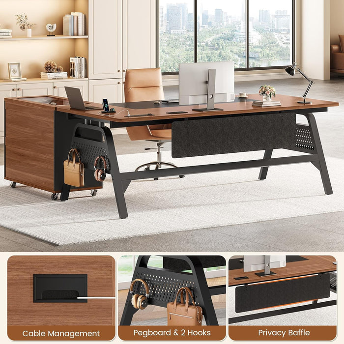 L Shaped Computer Desk with Mobile File Cabinet & Power Outlets, Executive Home Office Desk with Storage Drawers, Pegboard, Cable Management, Reversible L Desk for Work & Gaming, Black + Brown