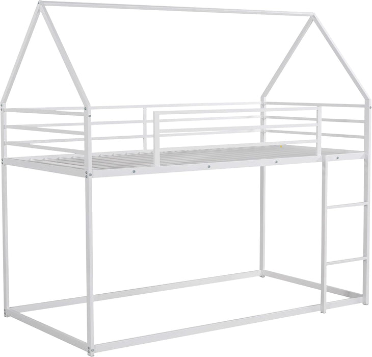 Bunk Bed Twin over Twin Metal Floor Bunk Bed with Ladder, House Shaped Bunk Bed Frame with Metal Slats for Dormitory and Bedroom, Space Saving, No Box Spring Needed