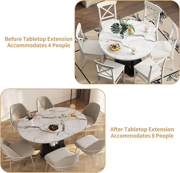 Extendable Dining Table Marble for 4–6 (White Marble) | White Faux Marble Dining Table, Modern Marble Kitchen Table, round Dining Table for Kitchen, Living Room, Dining Room ﻿