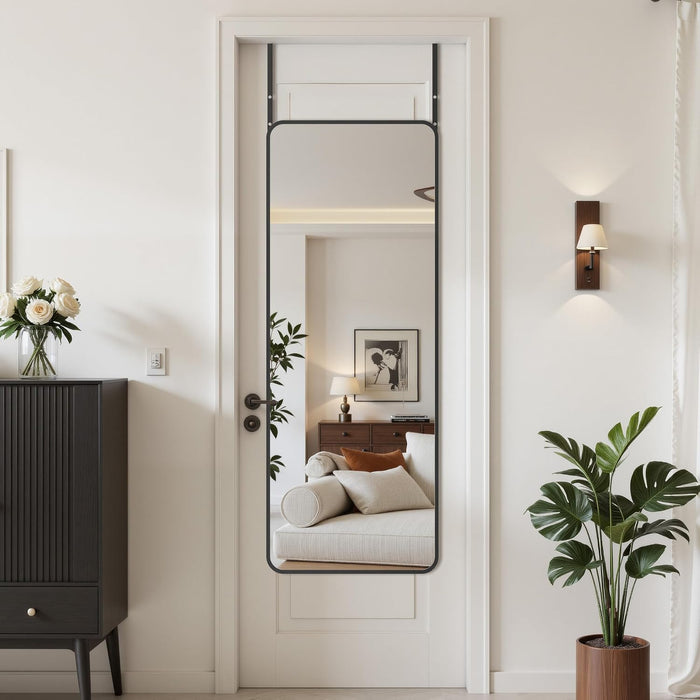 48"X14" Door Hanging Full Length Mirror, Floor Mirror Freestanding,Full Body Mirrors with Adjustable Stand for Bedroom Living Room Cloakroom, Rounded Rectangle, Black
