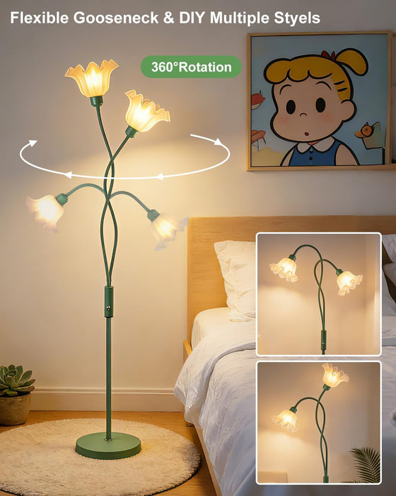 Flower Floor Lamp for Living Room, Modern Dimmable Floor Lamp with DIY Goosenecks & Bulbs Included, Spring Green 2 Light Standing Tall Lamp for Bedroom/Kids Room/Sofa Beside/Corner Decor