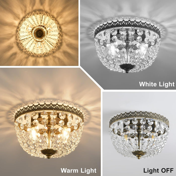 3 Lights French Empire K9 Crystal Flush Mount Chandelier Lighting Antique Ceiling Light Fixture for Dining Room Entrance Hallway Bedroom Kitchen Bathroom Bar, E12 Bulbs W12 .6 Inch X H8.27Inch