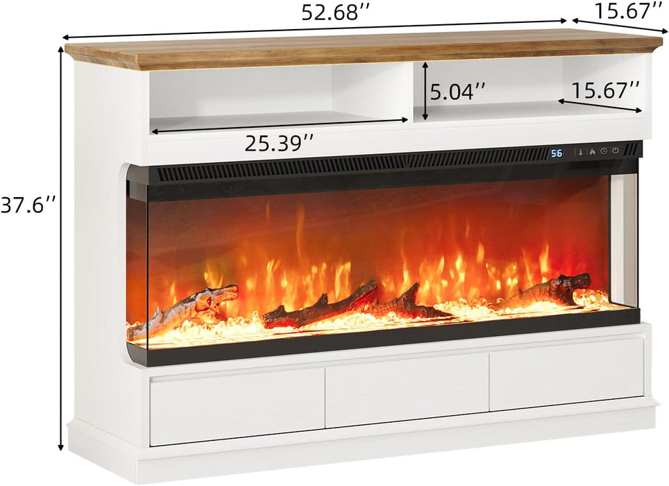 Fireplace TV Stand with 50" Electric Fireplace, Fireplace Entertainment Center with 3-Side Glass Insert, 3 Drawers, TV Stands for Living Room, White