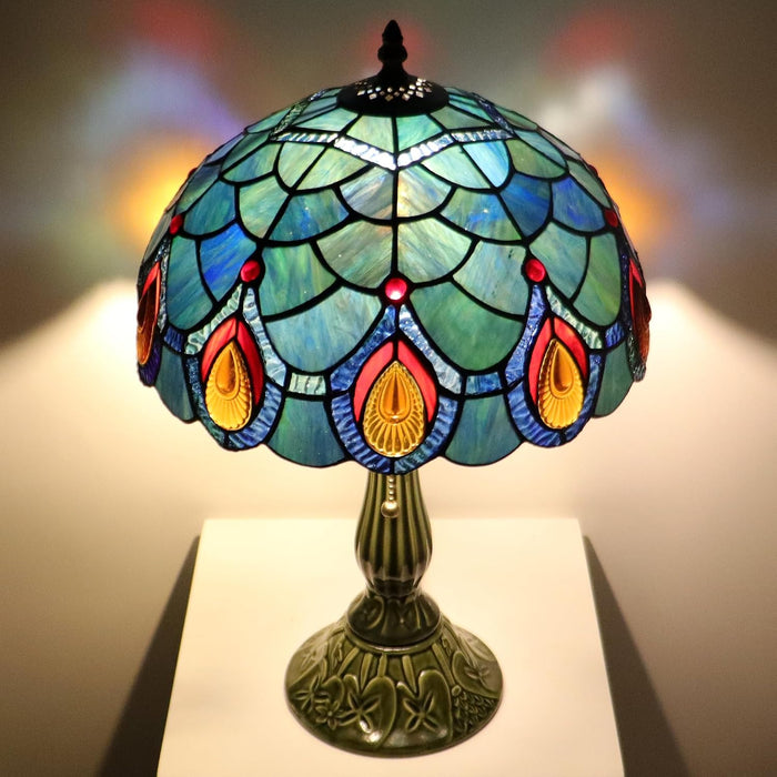 Tiffany Style Stained Glass Table Lamp 18.5 Inch - Blue Peacock Tail