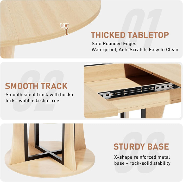 Extendable round Dining Table for 4-6-8, 43.3-59In Expandable Dining Table with Storage Shelf, Space Saving Circle Oval Kitchen Table with Leaf for Dining Room, Natural Oak