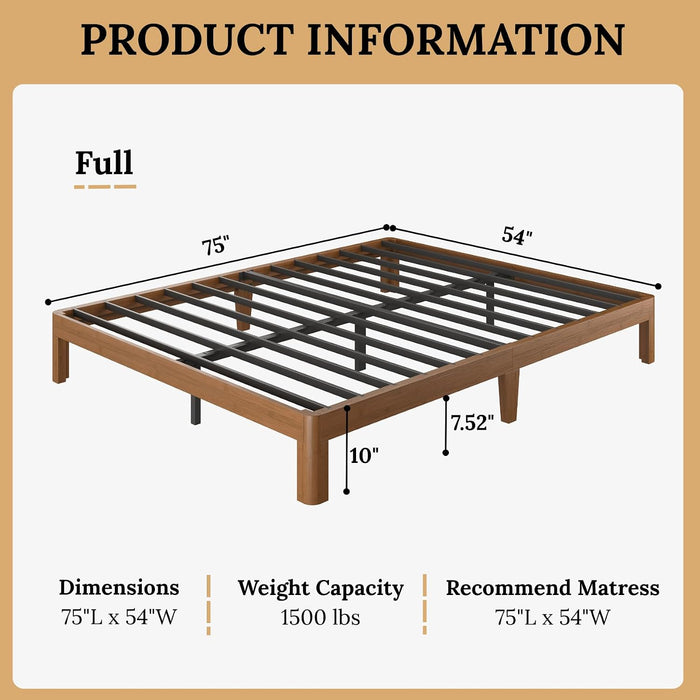 10 Inch Bamboo Full Bed Frame with Curved Leg, Warm Brown Color