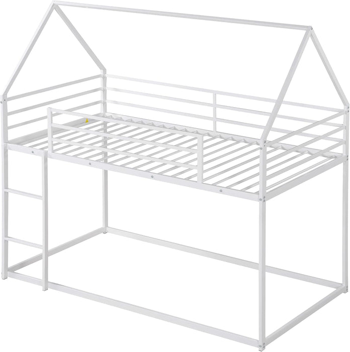 Bunk Bed Twin over Twin Metal Floor Bunk Bed with Ladder, House Shaped Bunk Bed Frame with Metal Slats for Dormitory and Bedroom, Space Saving, No Box Spring Needed