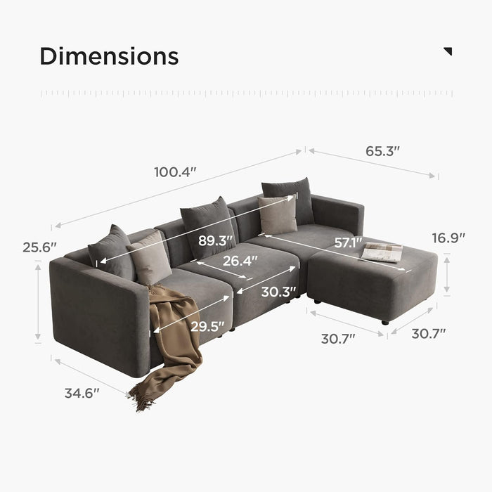 Luxury L-Shaped Upholstery Convertible Modular Sectional Sofa, Contemporary Reversible Couch with Chaise Lounge for Living Room, Apartment, 4 Piece Set, Grey