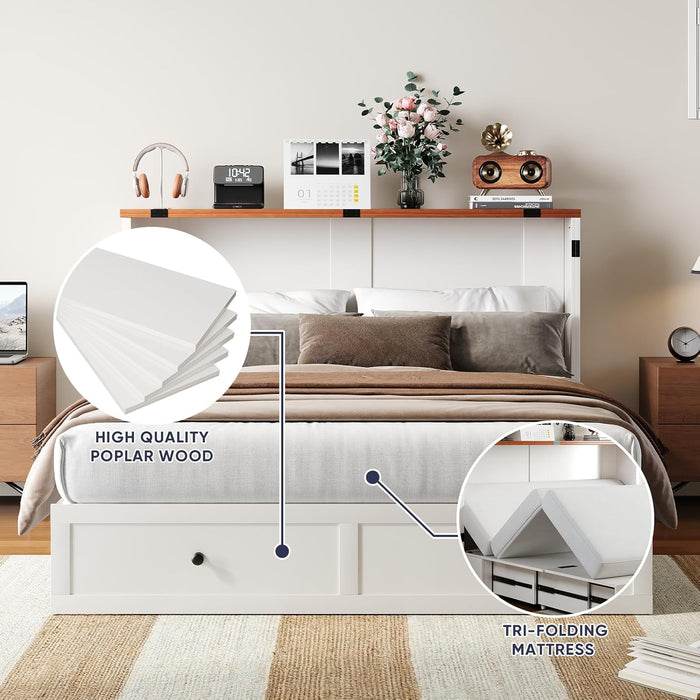 Queen Murphy Bed with Storage & Multifunctional Charging Station, Farmhouse Murphy Cabinet Bed with Foldable Panel, Space-Saving Beds for Guest Bedroom, Living Room-White & Brown,With Mattress