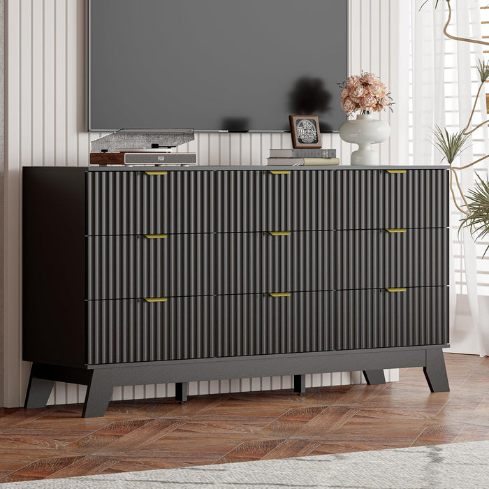 Black Dresser 9 Drawer Dresser for Bedroom, 57''Wide Fluted Wooden Dresser Storage Cabinet and Chest of Drawers with Metal Handle, Storage Organizer for Living Room, Hallway, Entryway