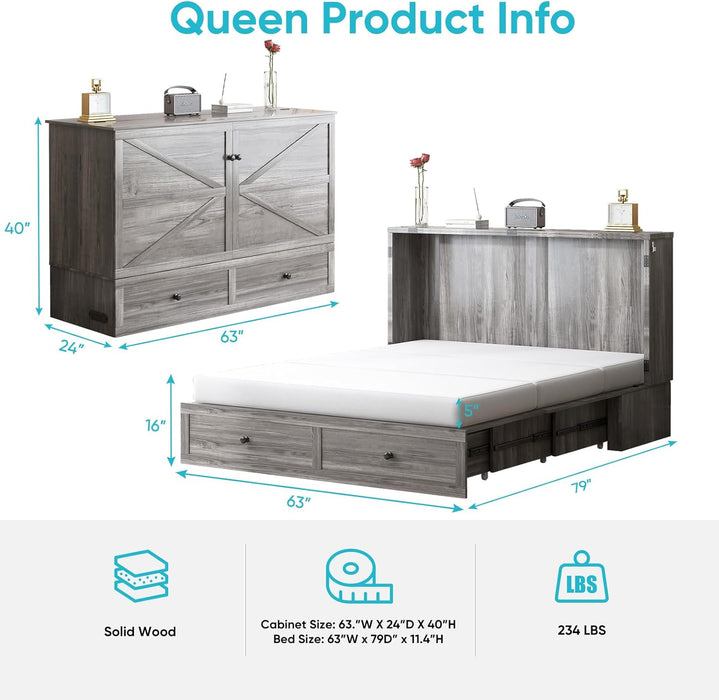 Queen Size Murphy Bed with Tri-Folding Mattress，Murphy Bed with Charging Station and 2 Large Storage Drawers for Small Spaces/Bedroom（Grey）