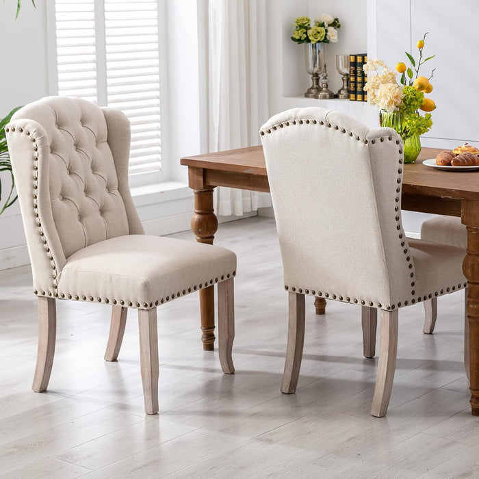 Modern Tufted Dining Chairs Set of 2, Linen Upholstered Dining Room Chairs Armless Guest Side Chair for Kitchen Dining Room, Wingback Accent Chairs with Solid Wood, Beige