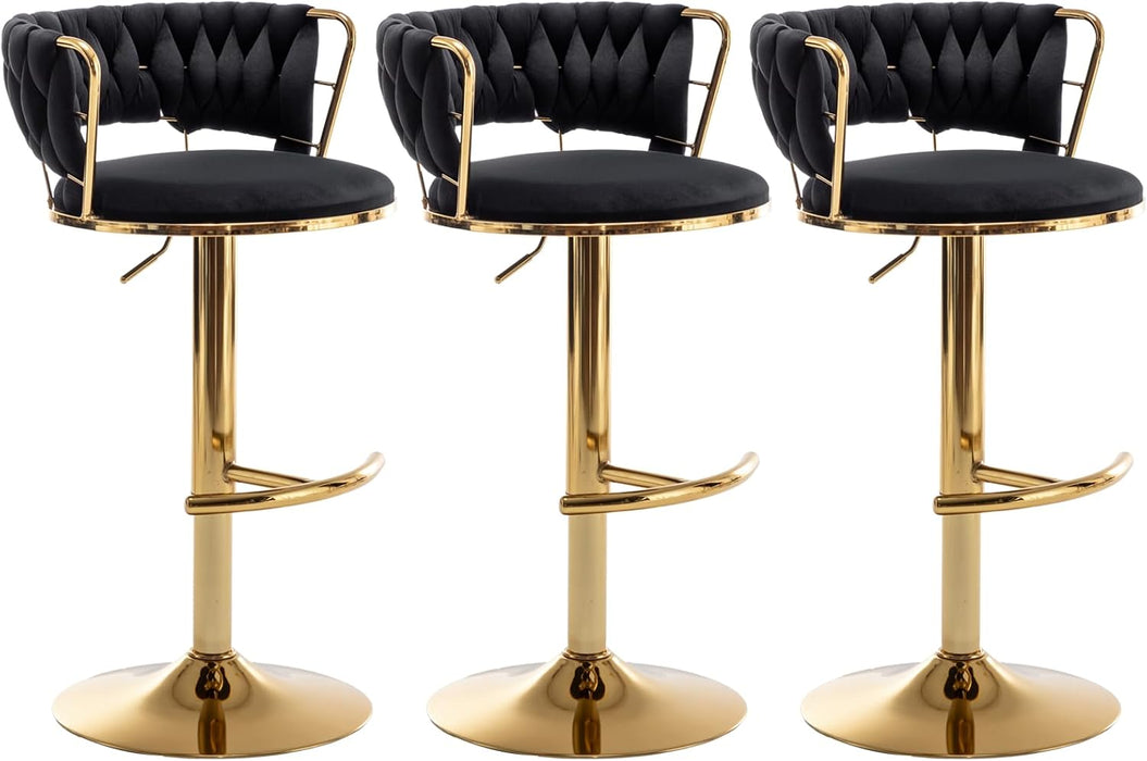 Velvet Bar Stools Set of 3, Counter Height Barstools with Low Back, Gold Swivel Bar Stool for Kitchen Island, Pub (Black)
