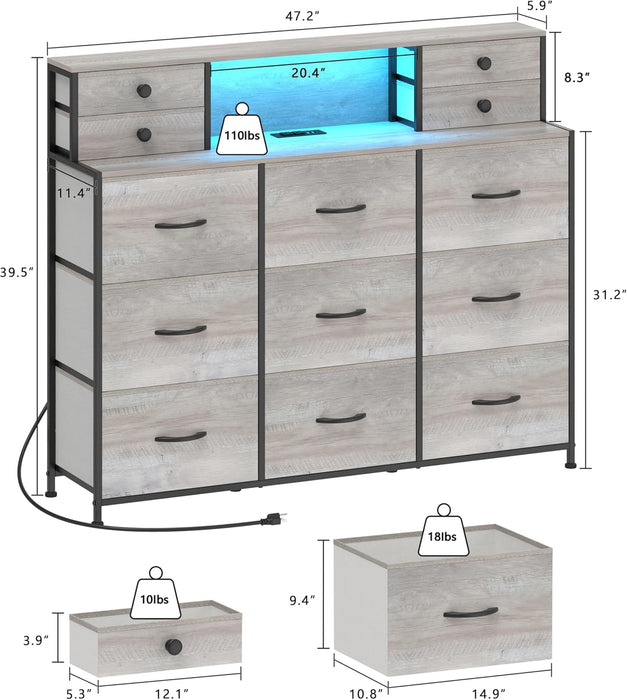 Grey Dresser with Power Outlets and LED Lights 13 Drawers Long Dresser for Bedroom Faux Leather Fabric Chest of Drawers for Living Room Hallway Entryway Closets Sturdy Frame Wood Top