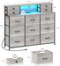 Grey Dresser with Power Outlets and LED Lights 13 Drawers Long Dresser for Bedroom Faux Leather Fabric Chest of Drawers for Living Room Hallway Entryway Closets Sturdy Frame Wood Top