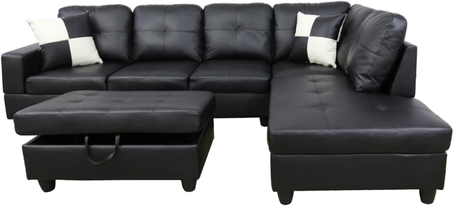 Sectional Sofa Faux Leather Modern L Shaped Couch Set 103.5”Wide Including Chaise and 3 Seating Sofa with Storage Ottoman for Living Room Furniture (Right Hand Facing, B-Black)