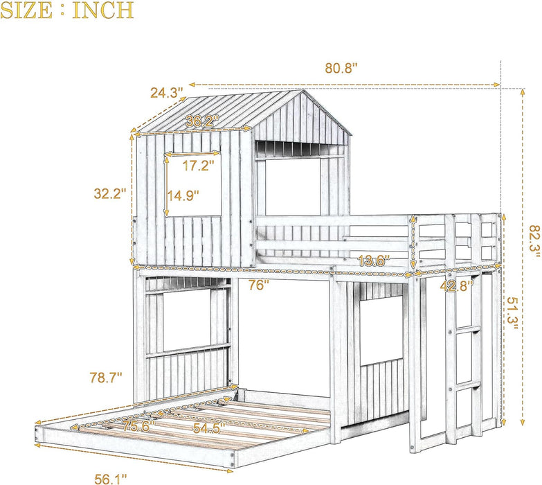 House Bunk Beds, Twin over Full Bunk Bed Wood Playhouse Bunkbed Low Bed Frame for Kids Toddlers Girls/Boys, White