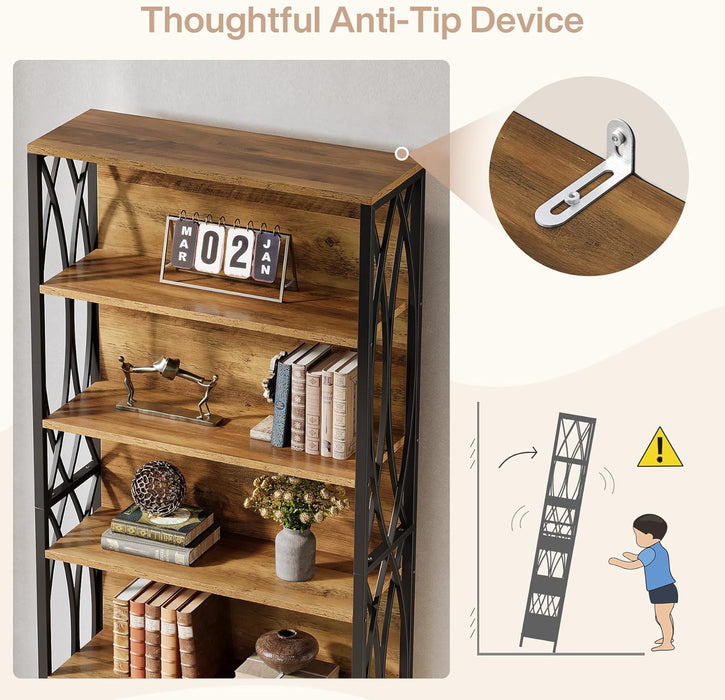 Industrial Six Tier Tall Bookshelf BrownAndBlackFinish
