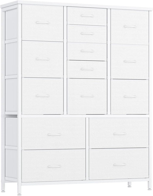 15 Drawers Dressers, Chest of Drawers with Wood Tabletop, Metal Frame, Storage Organizer Unit with Fabric, Tall Dressers for Bedroom Living Room Hallway Entryway, White